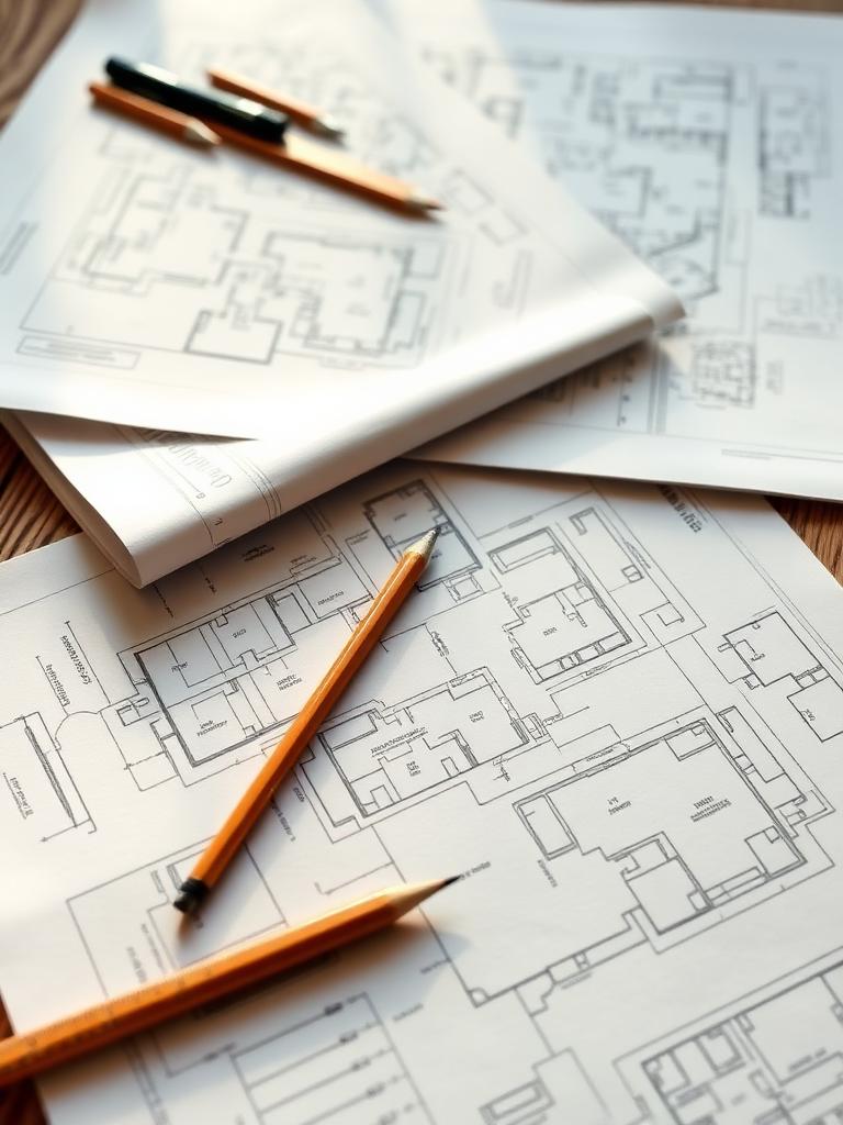 Site plans and blueprints on a table in morning light