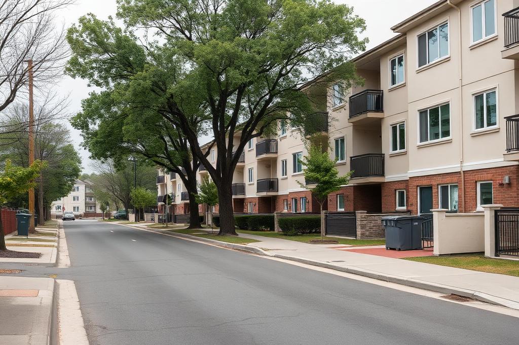 A residential street of modern multifamily affordable housing